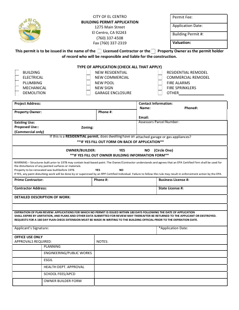 First page of the Building Permit Application