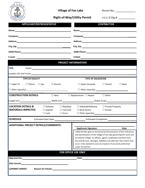 First page of the Right-of-Way/Utility Permit Application