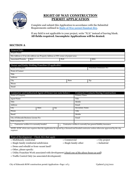 First page of the Right Of Way Construction Permit Application