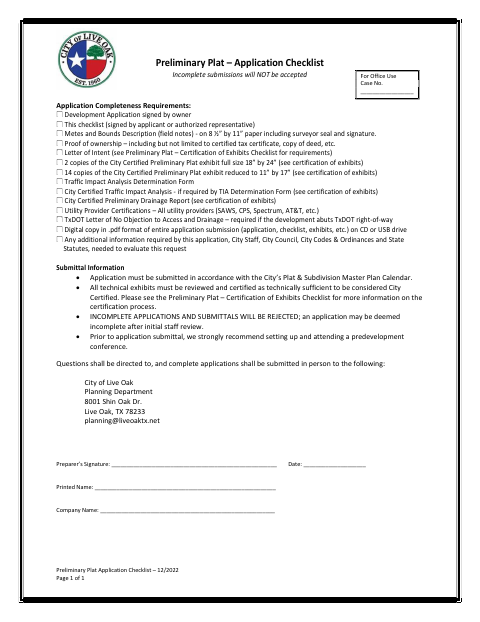 First page of the Preliminary Plat Application Checklist