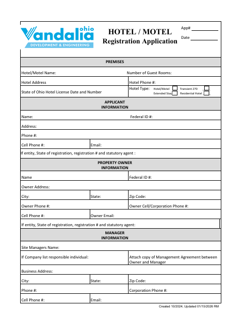 First page of the Hotel/Motel Master Application