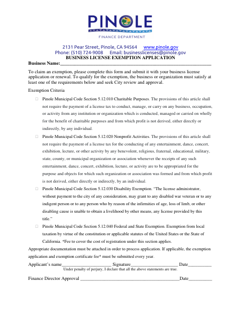 First page of the Business License Exemption Application
