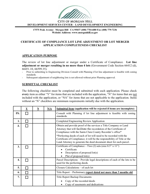 First page of the Certificate Of Compliance Lot Line Adjustment Or Lot Merger Application Completeness Checklist