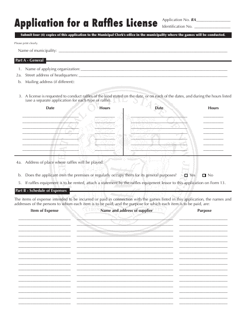 First page of the Application for a Raffles License