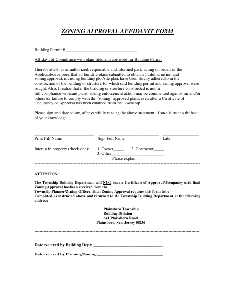 First page of the Zoning Approval Affidavit Form