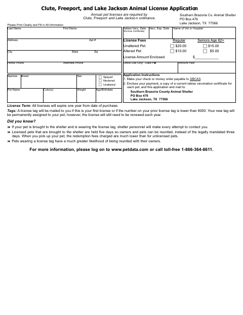 First page of the Animal License Application