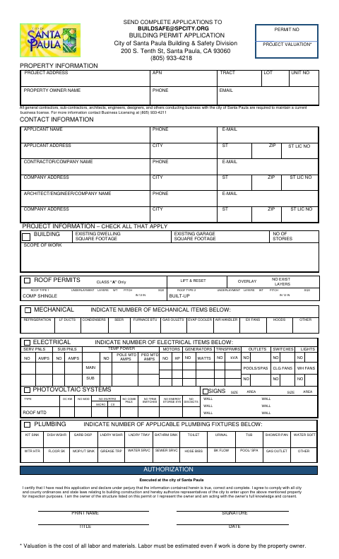 First page of the Building Permit Application