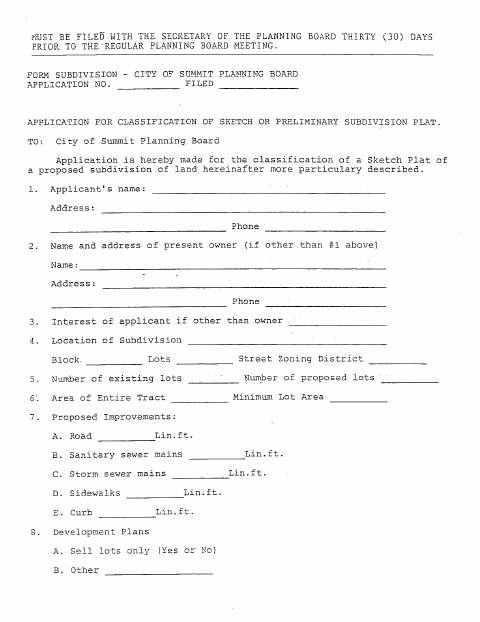 First page of the Subdivision Application