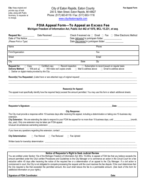 First page of the FOIA Appeal Form to Appeal an Excess Fee