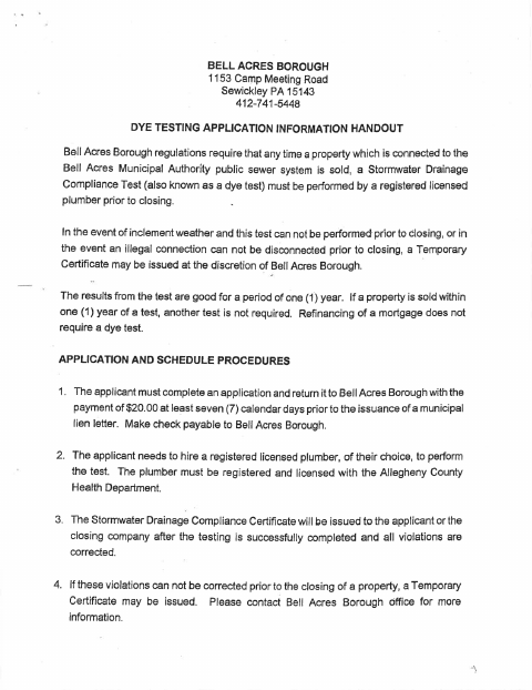 First page of the Dye Test Application