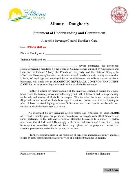 First page of the Statement of Understanding and Commitment