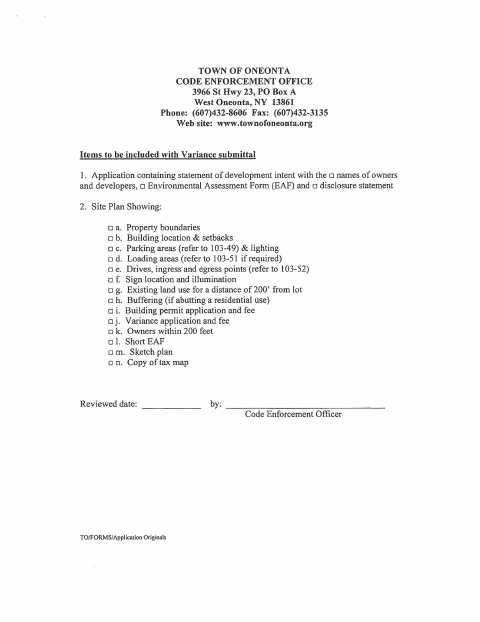 First page of the Variance Application