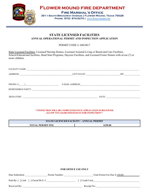 First page of the State Licensed Facilities Annual Operational Permit and Inspection Application