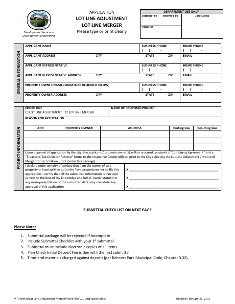 First page of the Lot Line Merger / Lot Line Adjustment Application