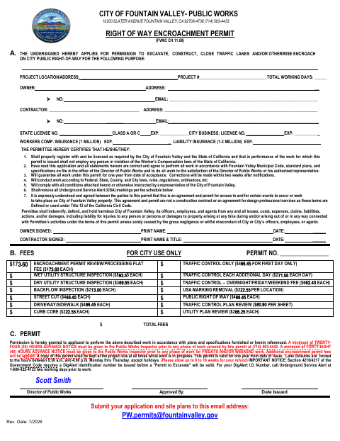 First page of the Right of Way Encroachment Permit