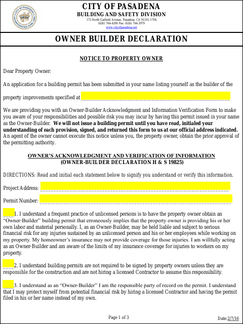 First page of the Owner Builder Declaration