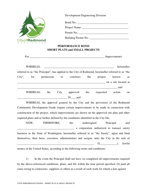 First page of the Performance Bond Short Plats and Small Projects