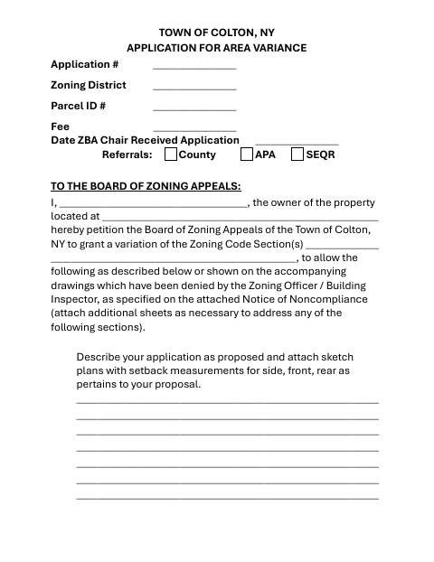 First page of the Application for Area Variance