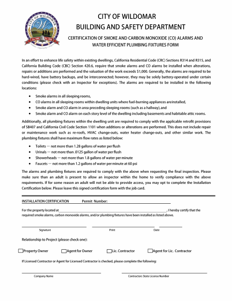 First page of the Certification of Smoke and Carbon Monoxide Alarms and Water Efficient Plumbing Fixtures Form