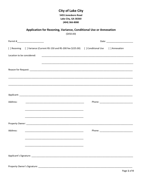 First page of the Application for Rezoning, Variance, Conditional Use or Annexation