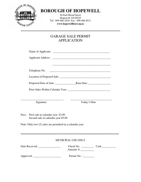 First page of the Garage Sale Permit Application