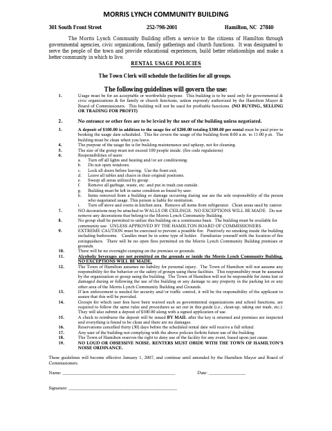 First page of the Morris Lynch Community Building Rental Agreement
