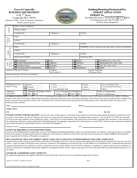 First page of the Building/Plumbing/Mechanical/Fire Permit Application