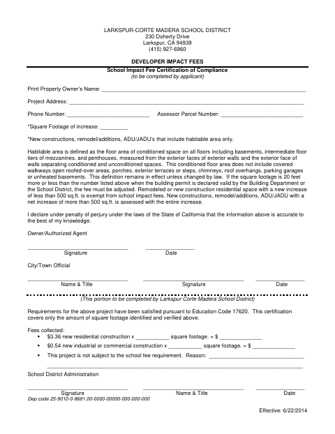 First page of the School Impact Fee Certification of Compliance