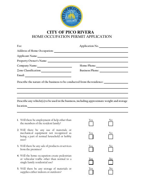 First page of the Home Occupation Permit Application