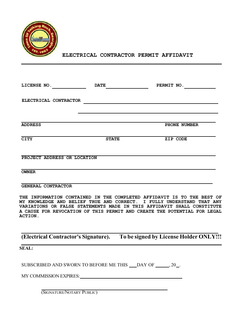First page of the Electrical Contractor Permit Affidavit