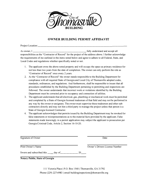 First page of the Owner Building Permit Affidavit
