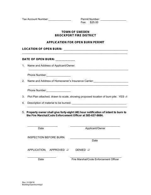 First page of the Brockport Fire District Open Burn Permit Application