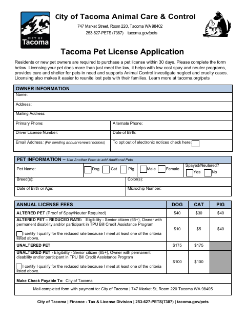First page of the Pet License Application