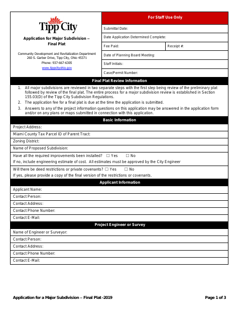 First page of the Application for a Major Subdivision – Final Plat