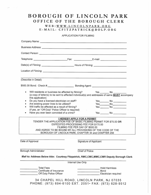 First page of the Application For Filming