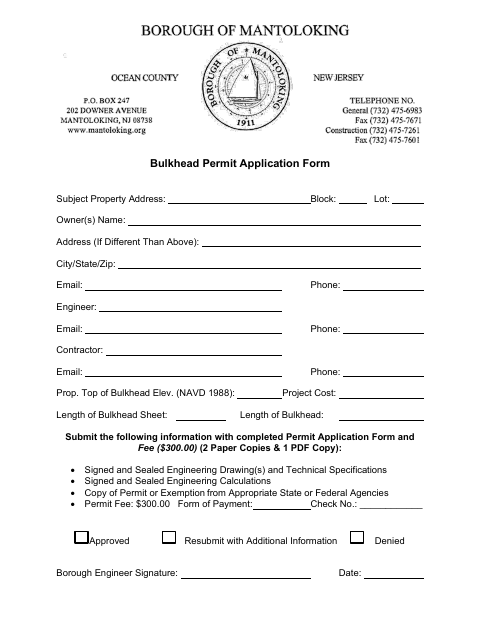 First page of the Bulkhead Permit Application Form