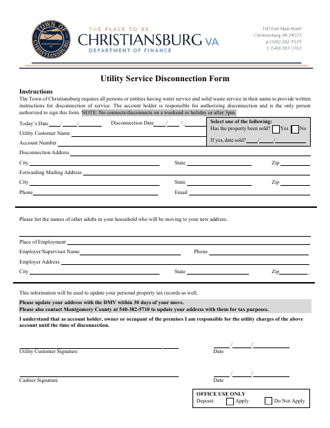 First page of the Utility Service Disconnection Form