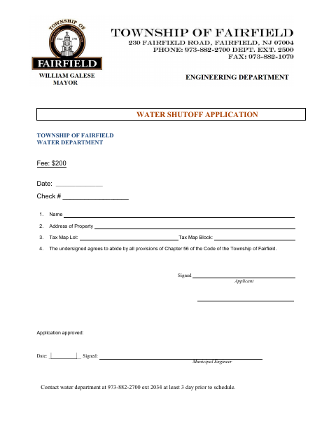 First page of the Water Shutoff Application