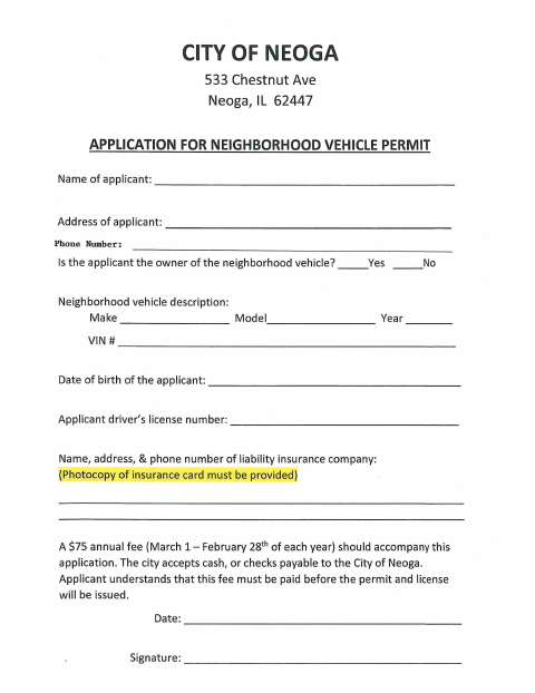 First page of the Neighborhood Vehicle Permit Application