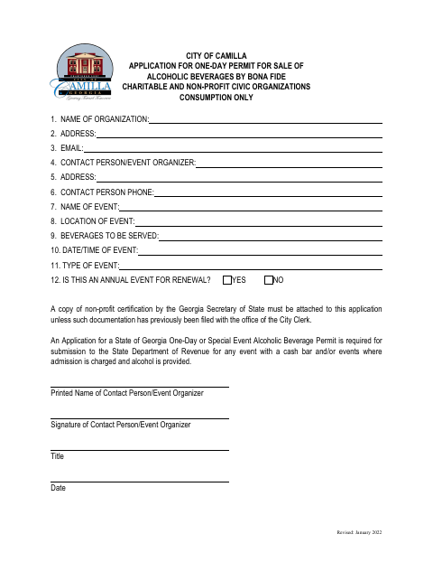 First page of the One-Day Alcohol Permit Applications