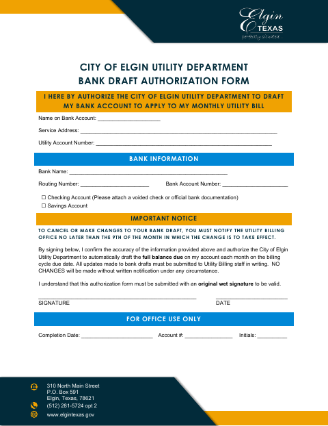 First page of the Bank Draft Authorization Form