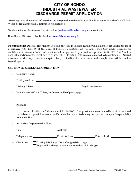 First page of the Industrial Wastewater Discharge Permit Application
