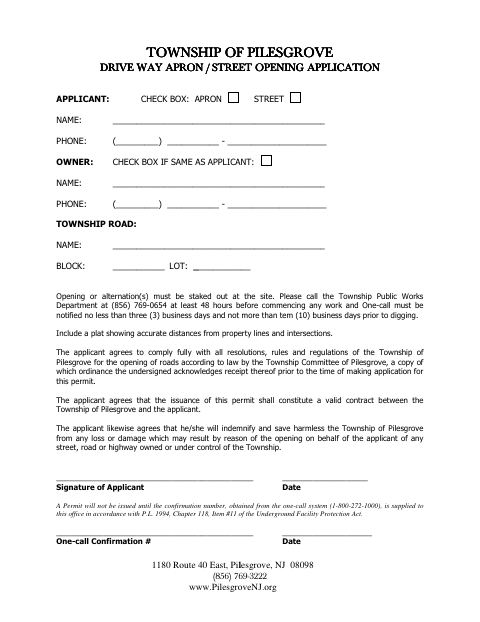 First page of the Driveway Apron / Street Opening Application