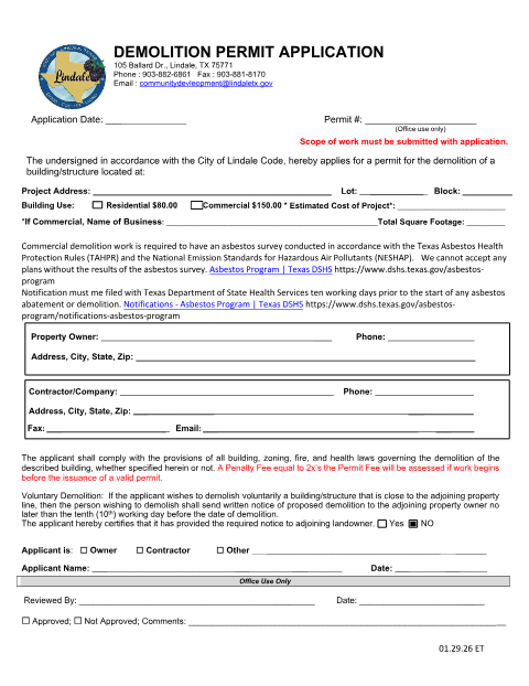 First page of the Demolition Permit Application