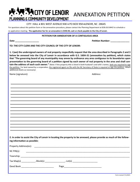 First page of the Petition for Annexation of a Contiguous Area