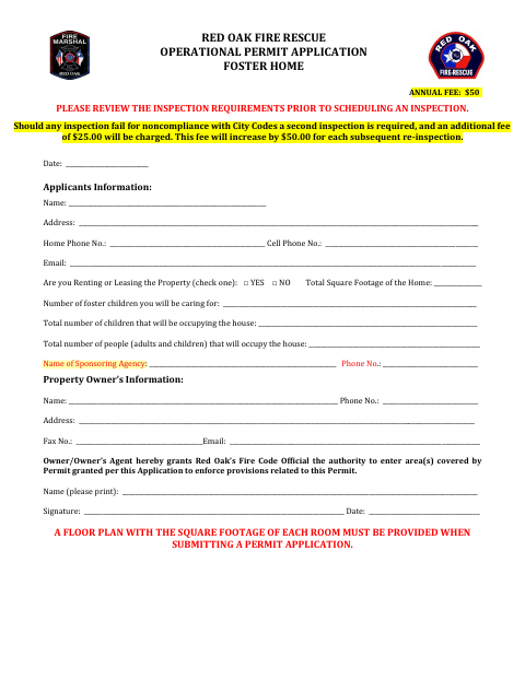 First page of the Operational Permit Application Foster Home