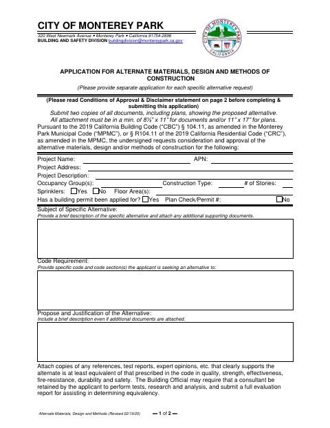 First page of the Application for Alternate Materials, Design and Methods of Construction