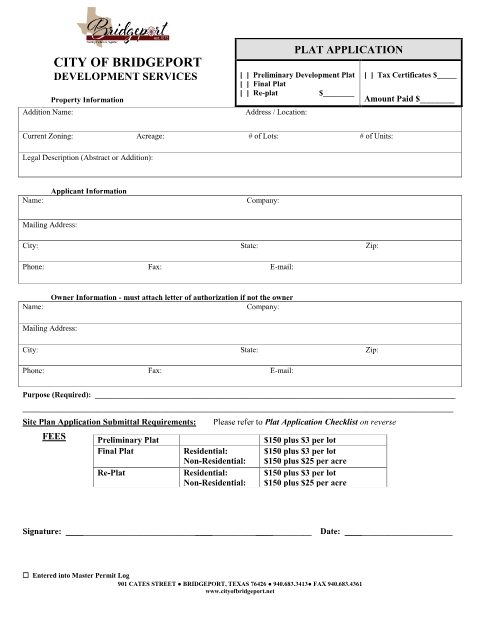 First page of the Plat Application and Checklist