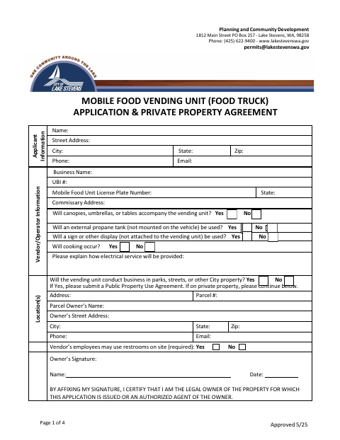 First page of the Mobile Food Vending Unit Application & Private Property Agreement