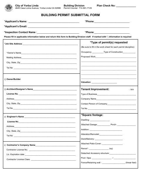 First page of the Building Permit Submittal Form